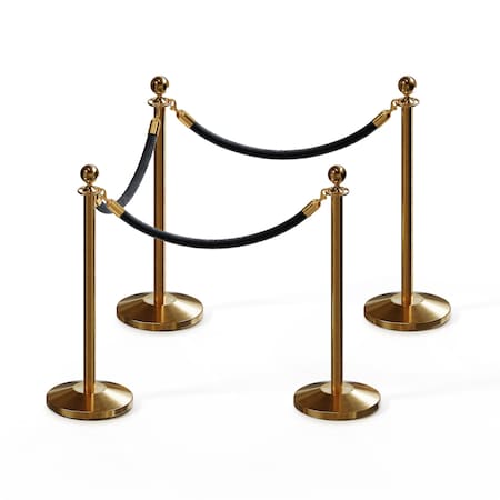 Stanchion Post And Rope Kit Sat.Brass, 4 Ball Top3 Black Rope